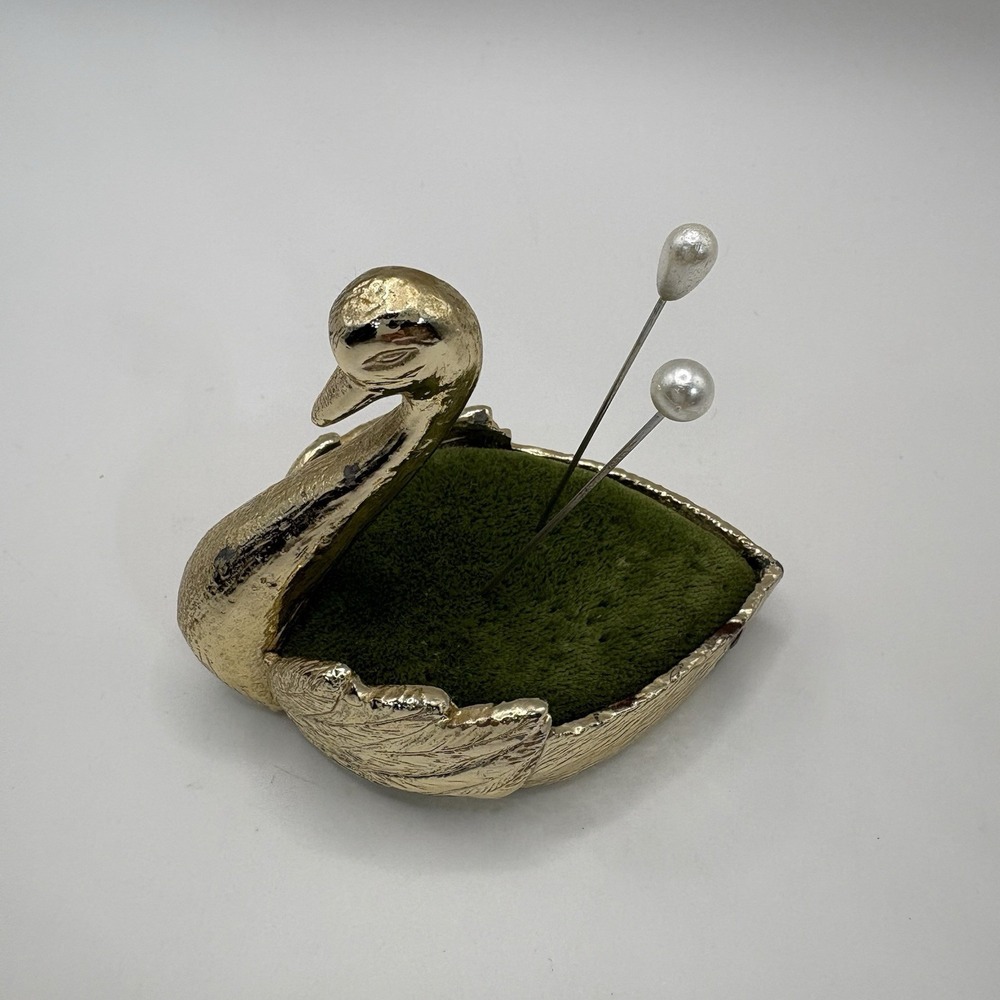 Vintage Swan Gold Tone Plated Metal Pin Cushion Velvet